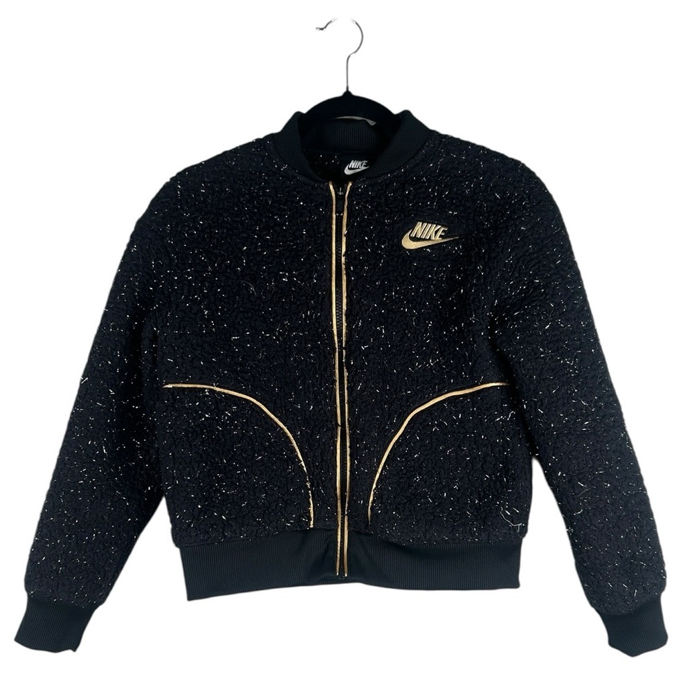 Nike Girl's Black Silver Metallic & Gold Full Zip Fuzzy Fleece Jacket Size Large